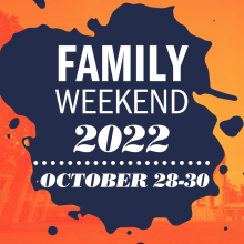 Branded dark blue UVA Orientation splash on a picture of the Rotunda with an orange filter, Family Weekend 2022, October 28 through 30